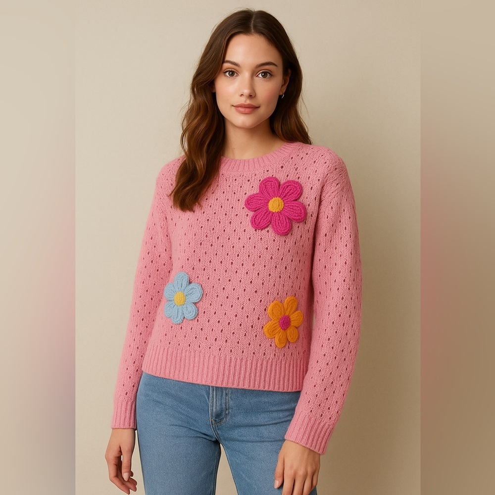 New in Pink Sweater with Colorful Floral Accents